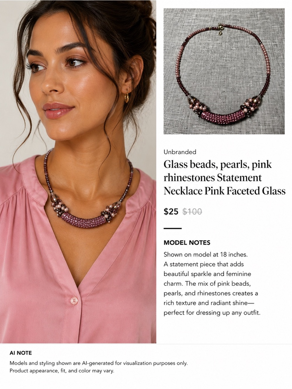 Glass beads, pearls, pink rhinestones Statement Necklace Pink Faceted Glass
